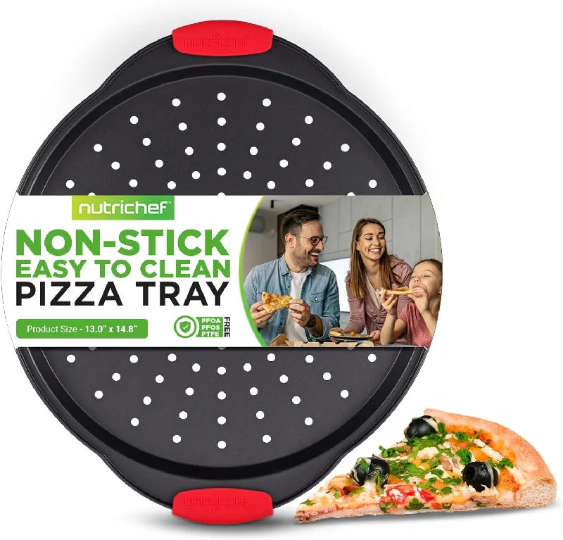 13-Inch Nonstick Pizza Tray - Round Carbon Steel Non-Stick Pizza Baking Pan with Perforated Holes, Premium Bakeware Pizza Screen with Silicone Grip Handles, Dishwasher Safe - NCBPIZ1