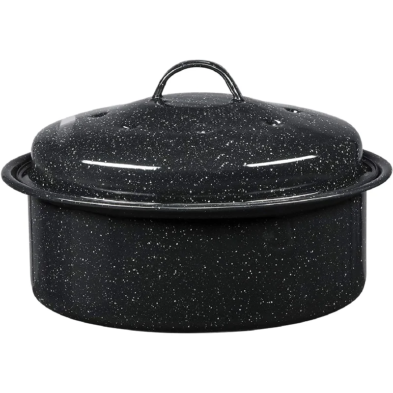 3 lb. Capacity Covered Round Roaster, Speckled Black Enamel on Steel