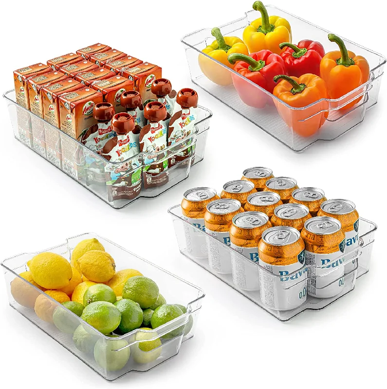 4 Pack Clear Refrigerator Organizer Bins and Storage (Large)