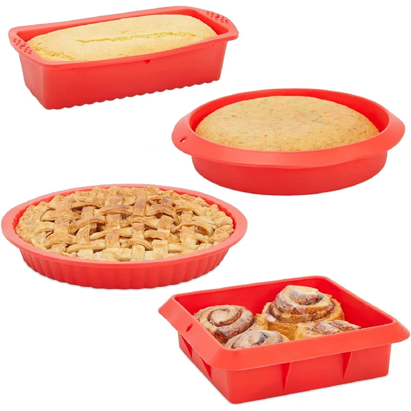 4 Piece Bakeware Set of Square Brownie Pan, Bread Loaf, Round Cake & Pie Pans