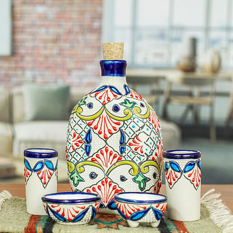 5-Piece Talavera-Style Ceramic Tequila Set from Mexico - Talavera Beverage