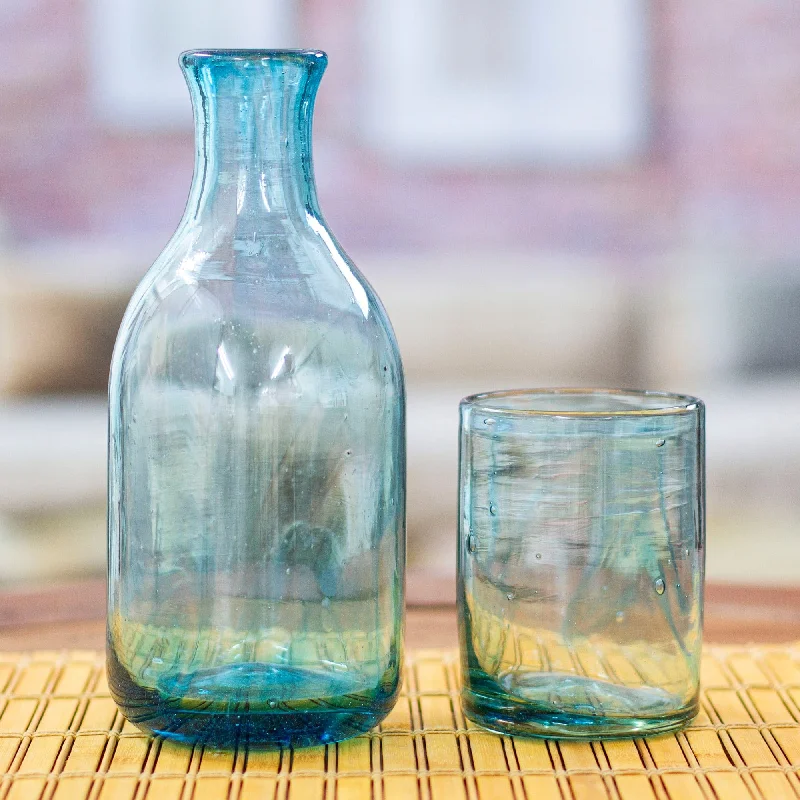 Aqua Handblown Recycled Glass Carafe and Cup Set (Pair) - Delicate Aqua