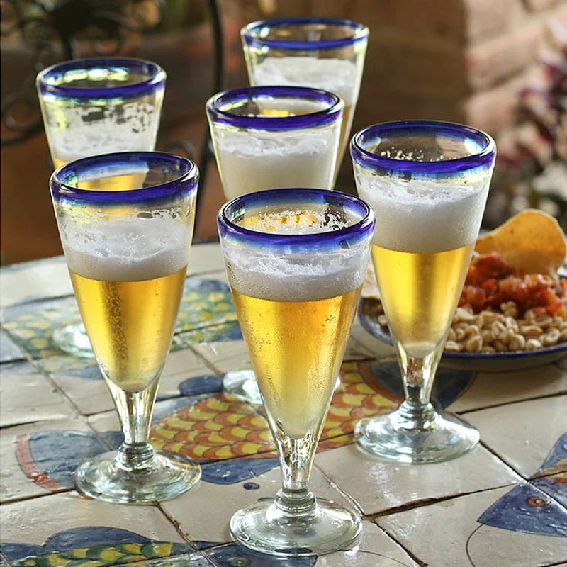 Artisan Crafted Recycled Handblown Glass Blue Rim Beer Glasses - Bohemia