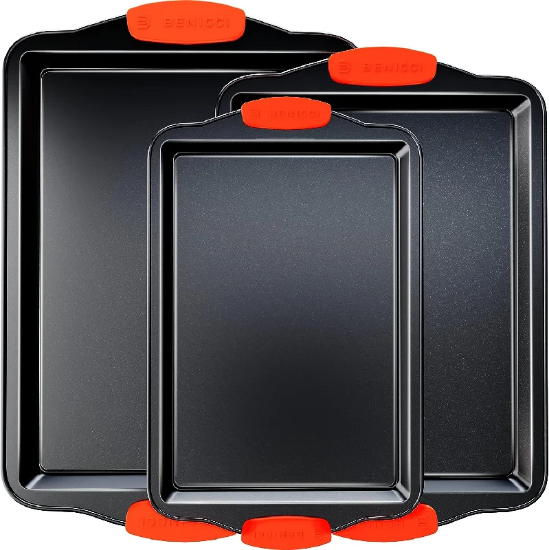 Bakeware Pans Set of 3 with Silicone Handles for Cooking Baking Roasting (Red/Black)