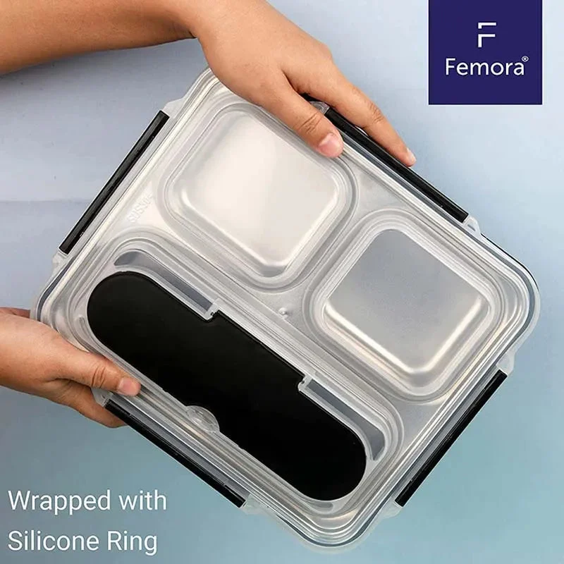 Black High Steel Rectangle Lunch Box Container | 3 Compartments