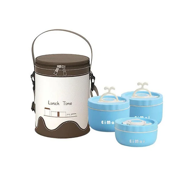 Blue & Brown Stainless Steel Lunch Box with Insulated Cover | Set of 3 Pcs