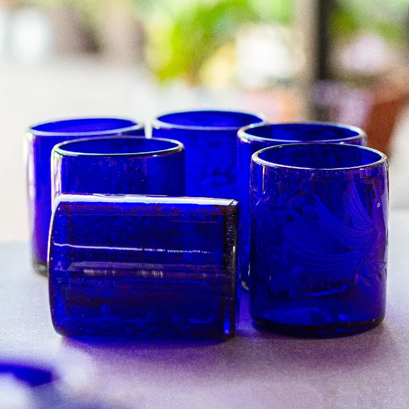 Blue Etched Hand Blown Juice Glasses (Set of 6) - Paloma Azul