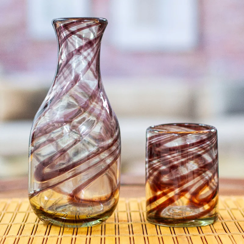 Brown Handblown Recycled Glass Carafe and Cup Set (Pair) - Hypnotic Brown