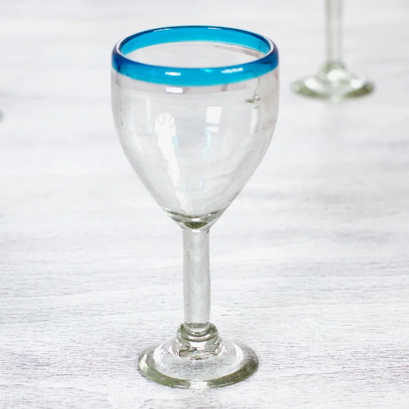 Clear with Aqua Rim Hand Blown 8 oz Wine Glasses (Set of 6) - Aquamarine Kiss