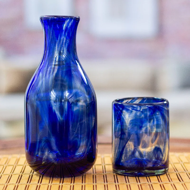 Cobalt Handblown Recycled Glass Carafe and Cup Set (Pair) - Cobalt Allure