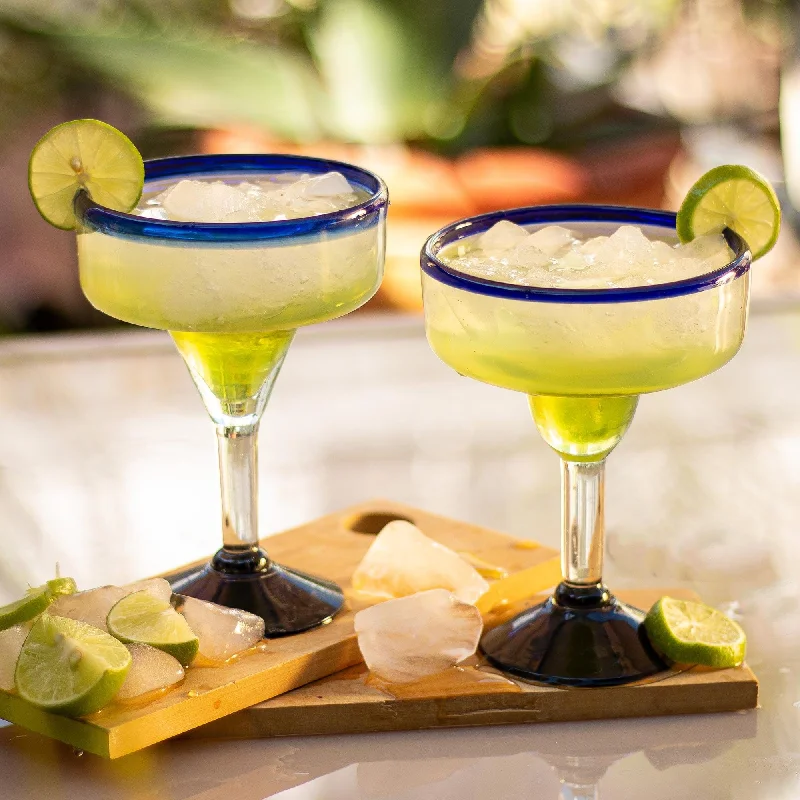 Eco Friendly Set of Six Hand Blown Margarita Glasses - Cobalt Contrasts