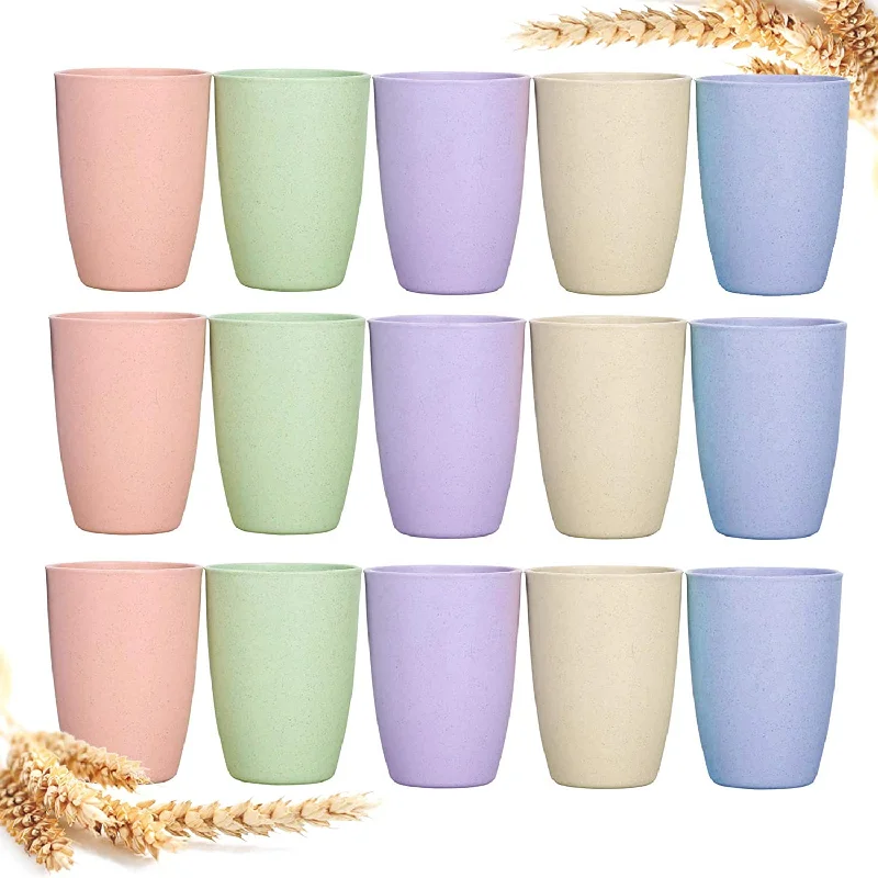 Eco-friendly Unbreakable Reusable Drinking Cup 12 OZ 15 Pack Wheat Straw Stackable, Biodegradable Healthy Tumbler Set, Dishwasher Safe