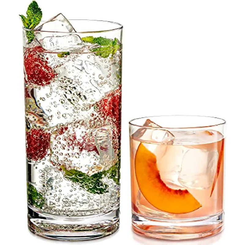 Elegant Acrylic Drinking Glasses [Set of 16] Attractive Clear Plastic Tumblers