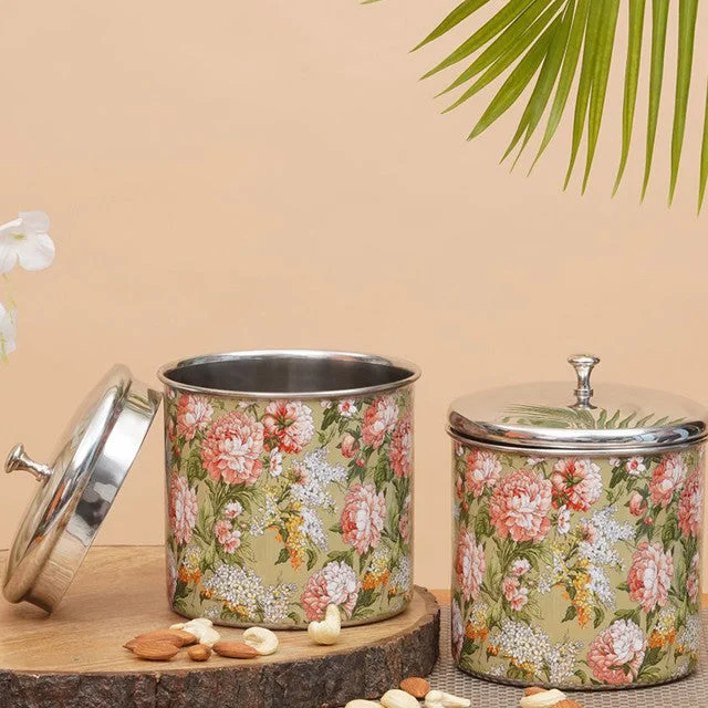 Floral Green Stainless Steel Storage Jars | Set of 2 | 5 x 6 inches