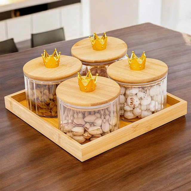 Functional Crown Design Four Canister Jar With Airtight Lid And Wooden Tray | Pack of 5