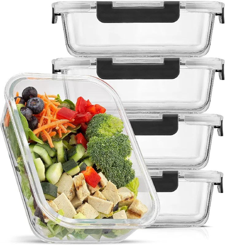 Glass Food Storage Containers with Lids. 5 Pack Glass Meal Prep Containers Reusable 35oz Single Compartment Airtight Container Set. Lunch Containers for Adults and Kitchen Storage Containers