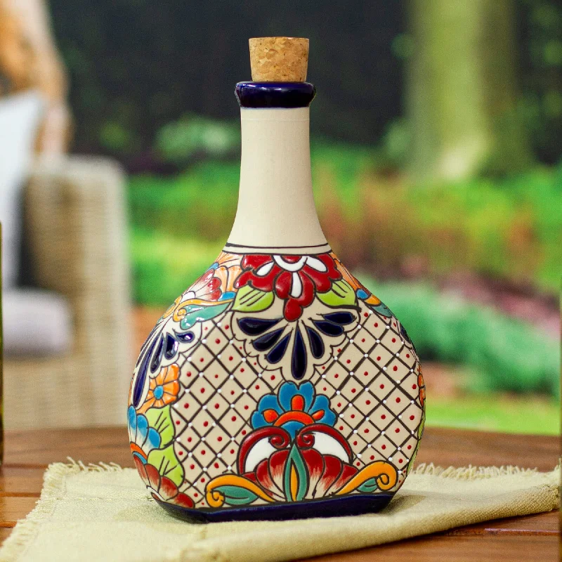 Hacienda-Themed Ceramic Decanter with Red Floral Details - Red Hacienda Spirits