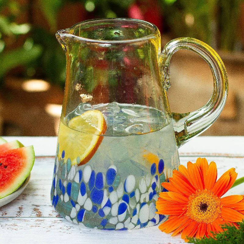 Hand Blown Glass Pitcher with Blue and White from Mexico - Blown Azure