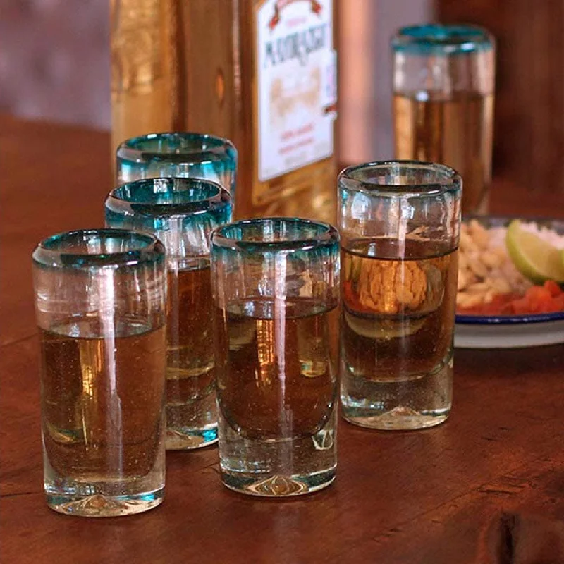 Hand Blown Mexican Tequila Shot Glasses Clear Set of 6 - Aquamarine