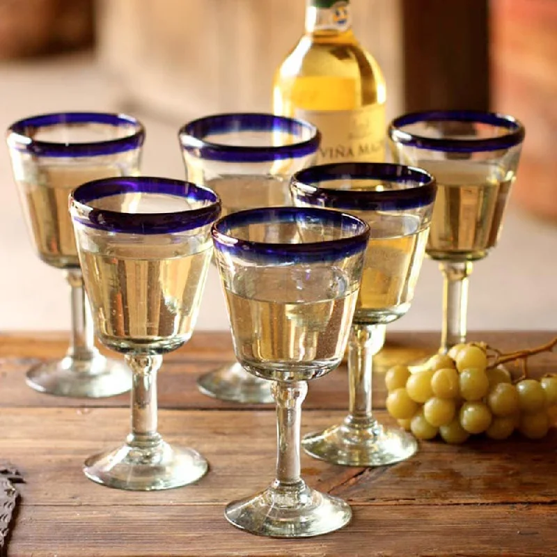 Hand Blown Wine Glasses Set of 6 Blue Rim Goblets Mexico - Chardonnay