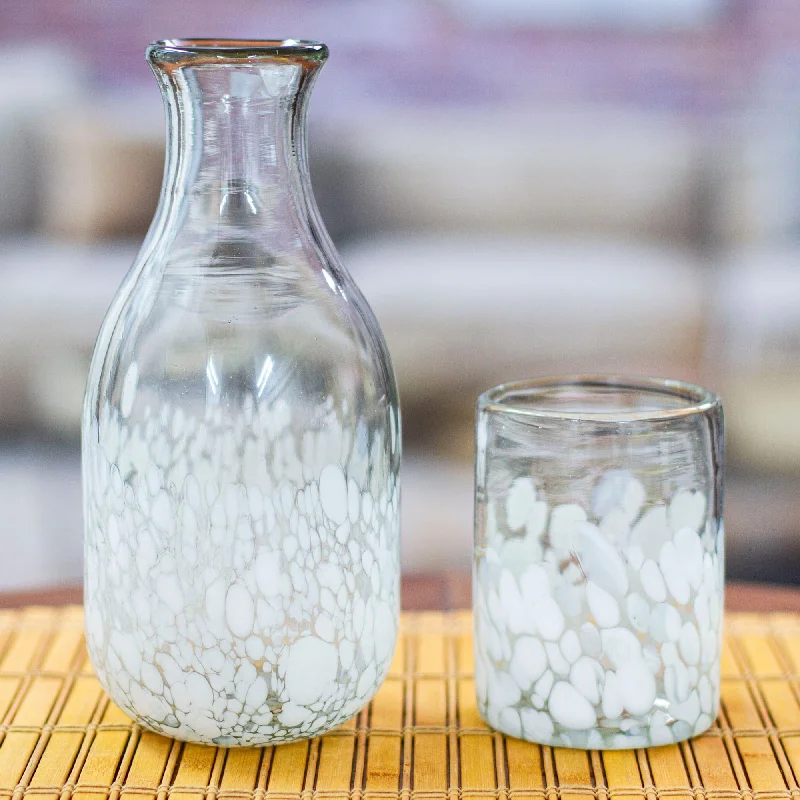 Handblown Recycled Glass Carafe and Cup Set in White (Pair) - White Spots