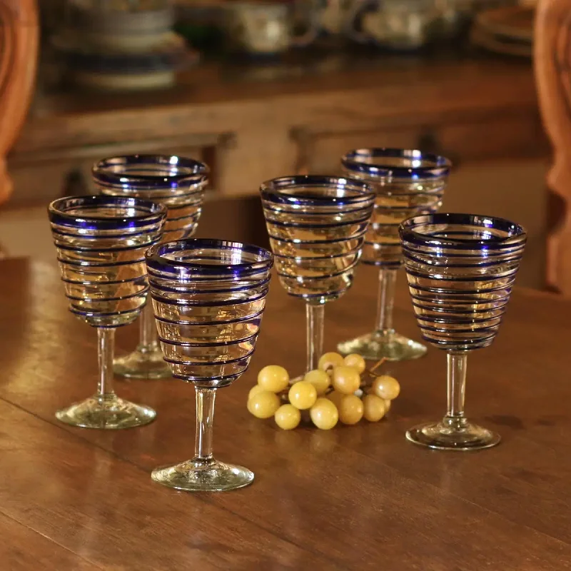 Handblown Recycled Glass Six Striped Blue Wine Glasses - Cobalt Spirals