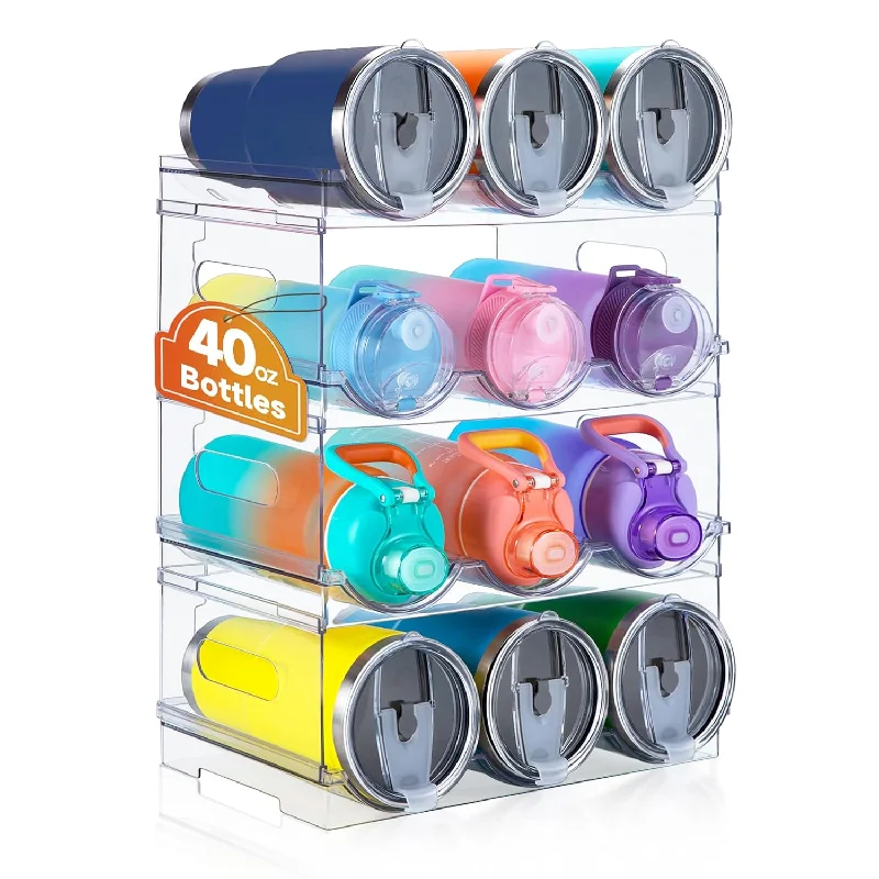 Large Compartment Water Bottle Organizer, Stackable Water Bottle Organizer for Cabinet, 4 Tier Water Bottle Holder for Kitchen Pantry, Plastic Wine Rack Tumbler Travel Cups Storage