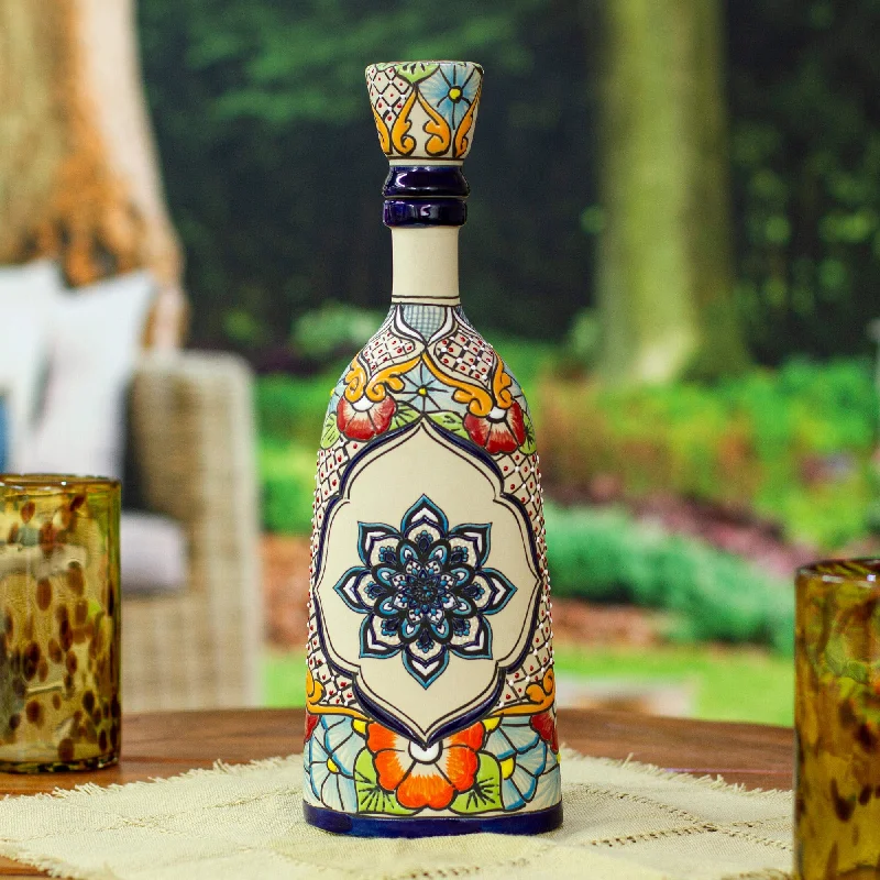 Mandala and Floral-Themed Hand-Painted Blue Ceramic Decanter - Talavera Flavors