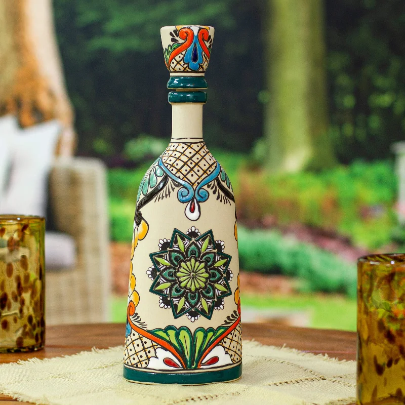 Mandala and Floral-Themed Painted Green Ceramic Decanter - Green Mandala Flavors