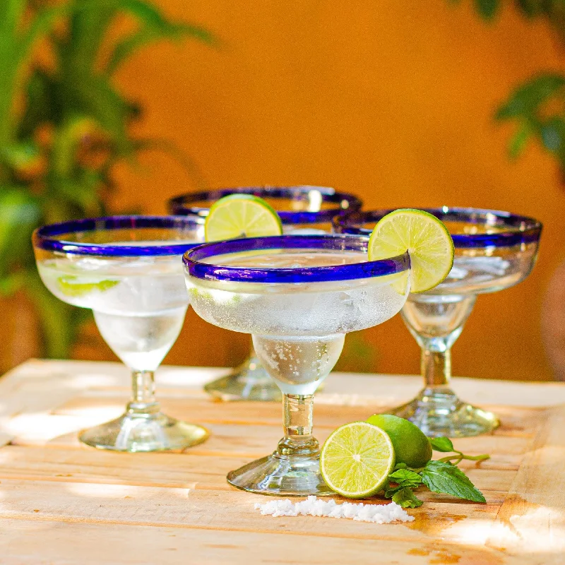 Margaritas Handblown Glass Blue Cocktail Drinkware Set of 4 - Happy Hour