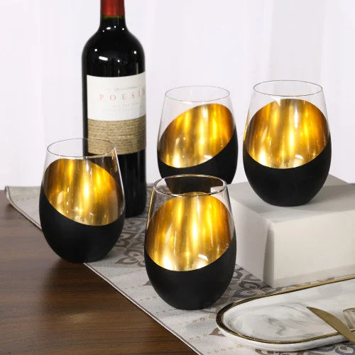 Matte Black & Gold Stemless Wine Glasses, Set of 6