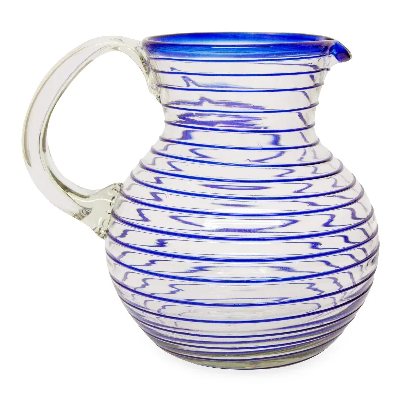 Handblown Recycled Glass Pitcher - Blue Spiral