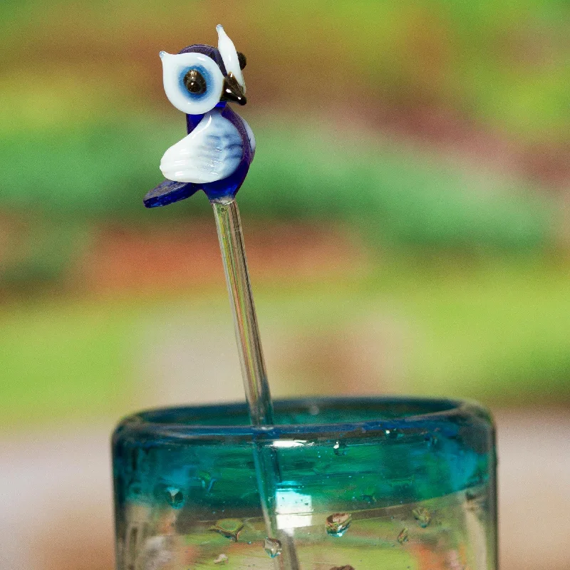 Mexican Recycled Glass Cocktail Stirrer with Blue Owl - Cheeky Blue Owl