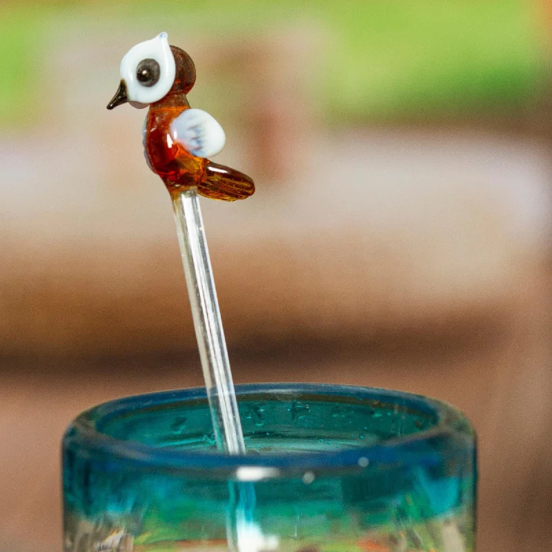 Mexican Recycled Glass Cocktail Stirrer with Brown Owl - Cheeky Brown Owl