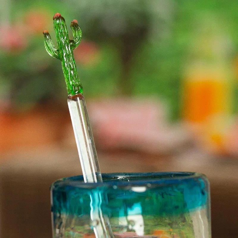 Mexican Recycled Glass Cocktail Stirrer with Cactus - Celebration Cactus