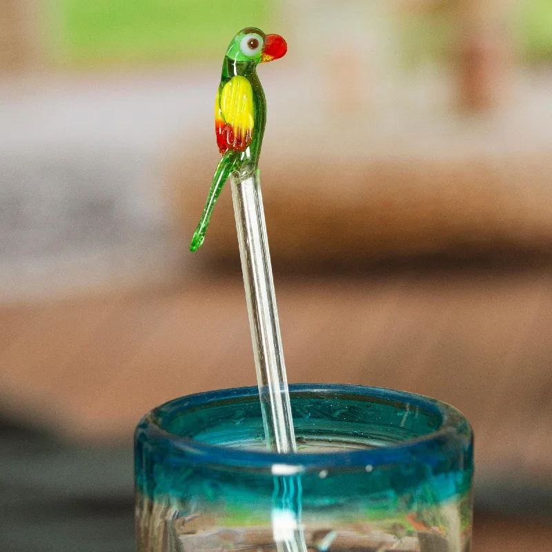 Mexican Recycled Glass Cocktail Stirrer with Colorful Macaw - Charming Macaw