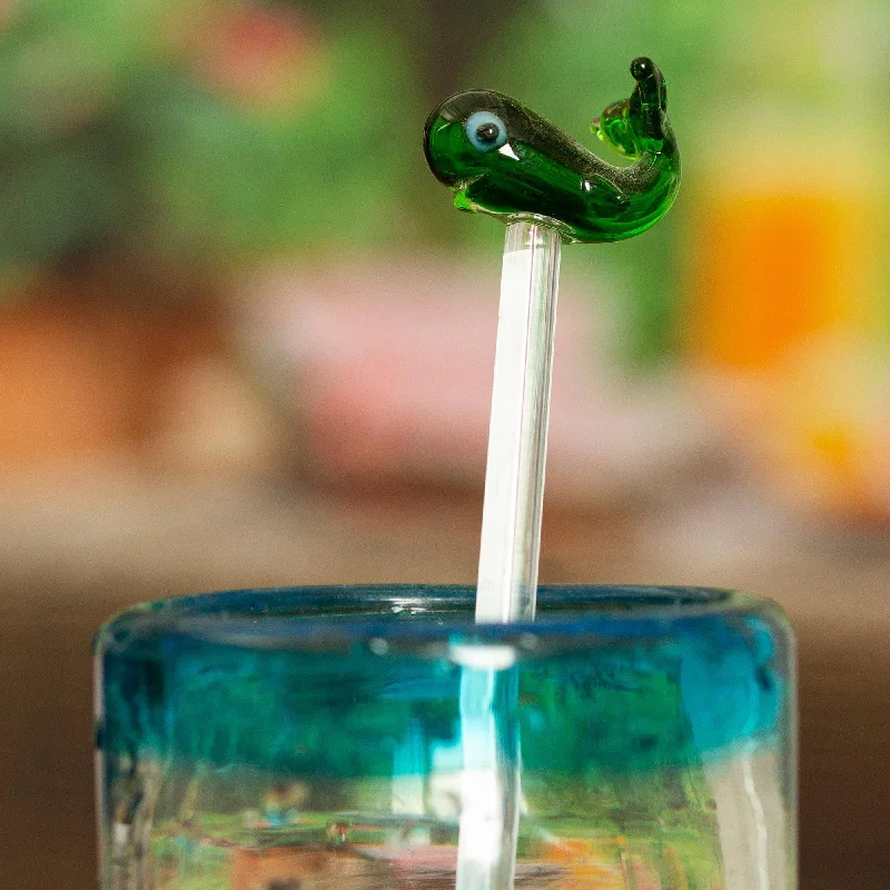 Mexican Recycled Glass Cocktail Stirrer with Green Whale - Cheerful Green Whale