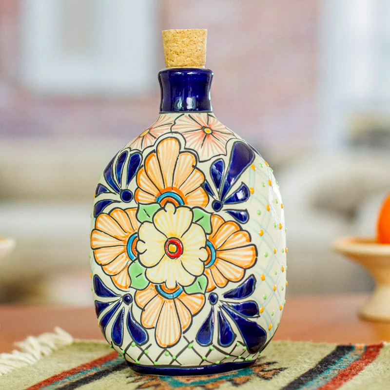 Oval Floral Motif Talavera Style Ceramic Tequila Decanter - Garden Festivities