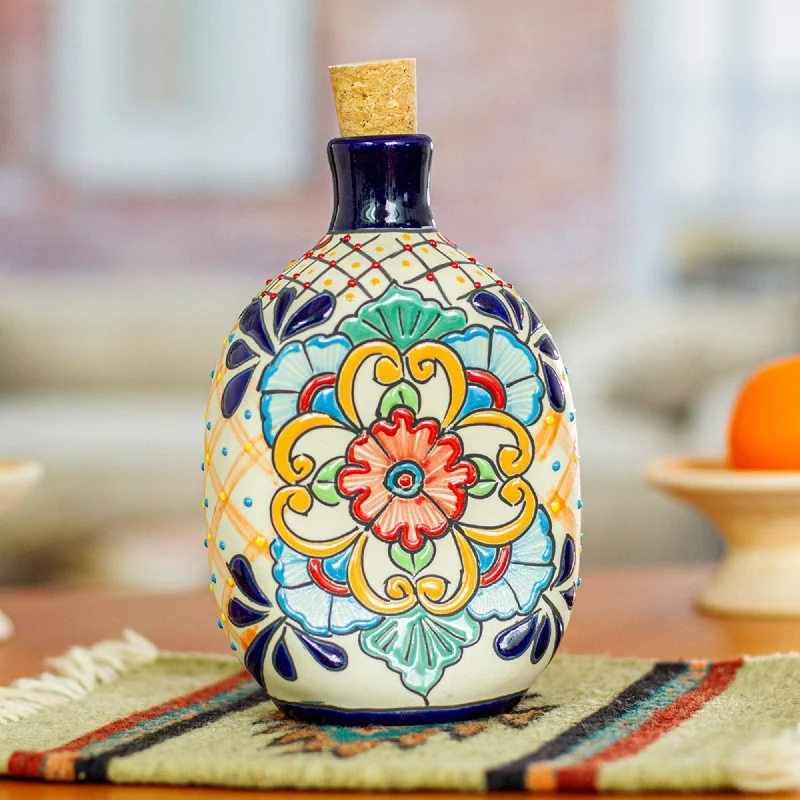 Oval Multi-Color Talavera Style Ceramic Tequila Decanter - Floral Festivities