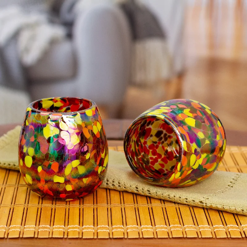 Pair of Colorful Stemless Wine Glasses Handblown in Mexico - Confetti Pop