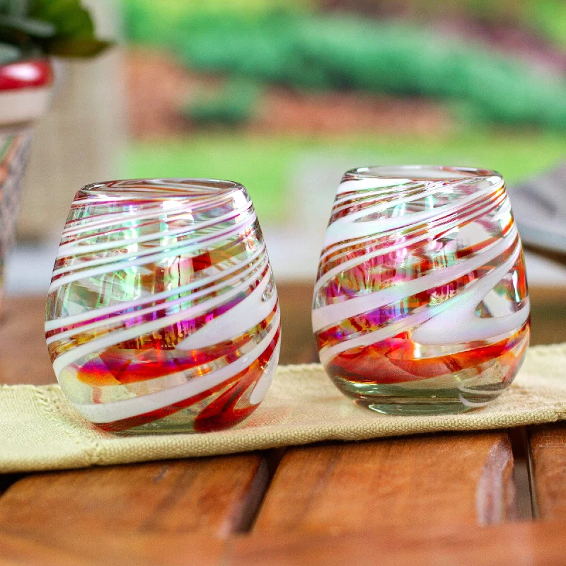 Pair of Eco-Friendly Red Handblown Stemless Wine Glasses - Tropical Swirl