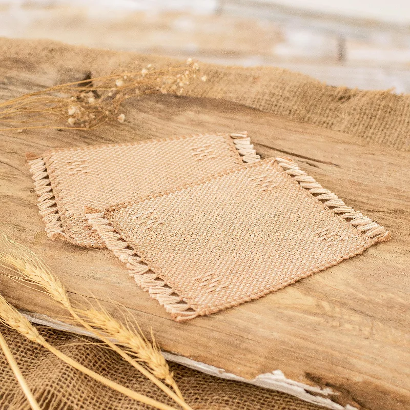 Pair of Handwoven Cotton Coasters in Beige with Fringes - Afternoon Tea