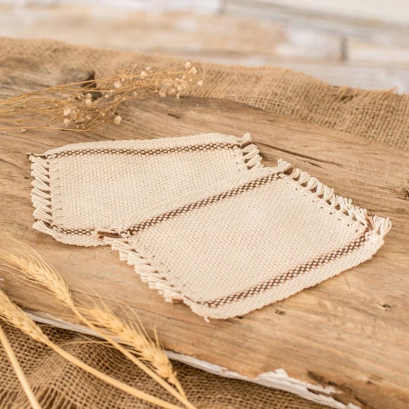 Pair of Handwoven Cotton Coasters in Brown and Ivory - Morning Tea