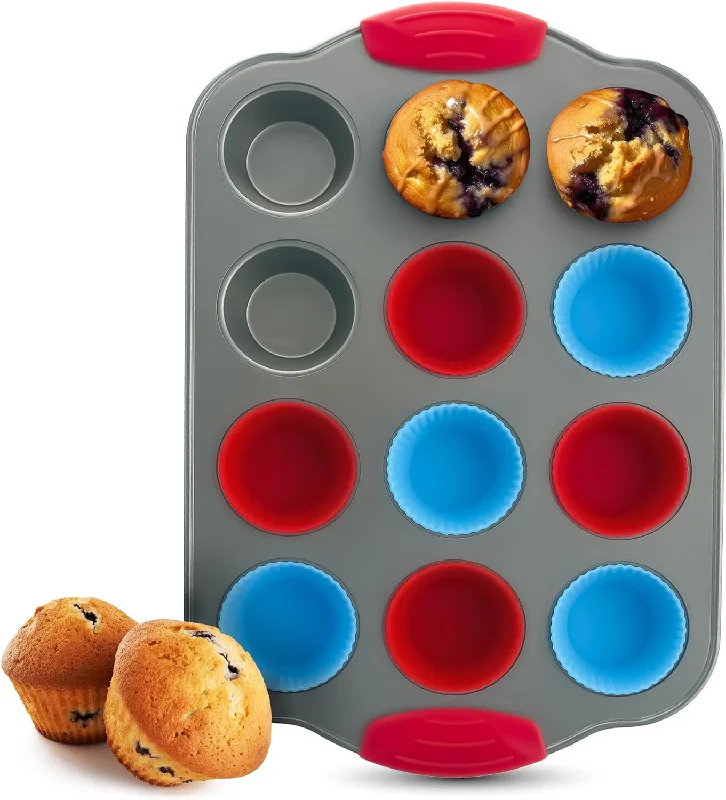 Professional Mini Muffin Pan with Silicone Muffin Liners (Set of 12) Non-Stick Steel Bakeware for Baking Muffin