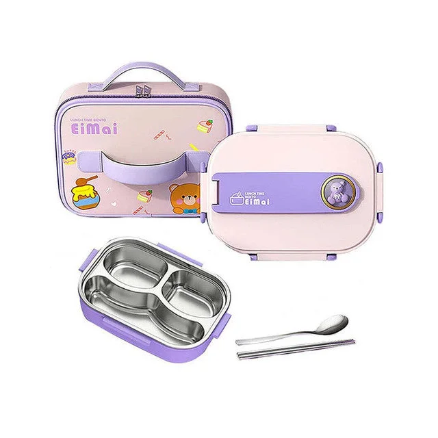 Purple Teddy Stainless Steel Lunch Box Set With Insulated Matching Lunch Bag For Kids & Adults | 1000 ml