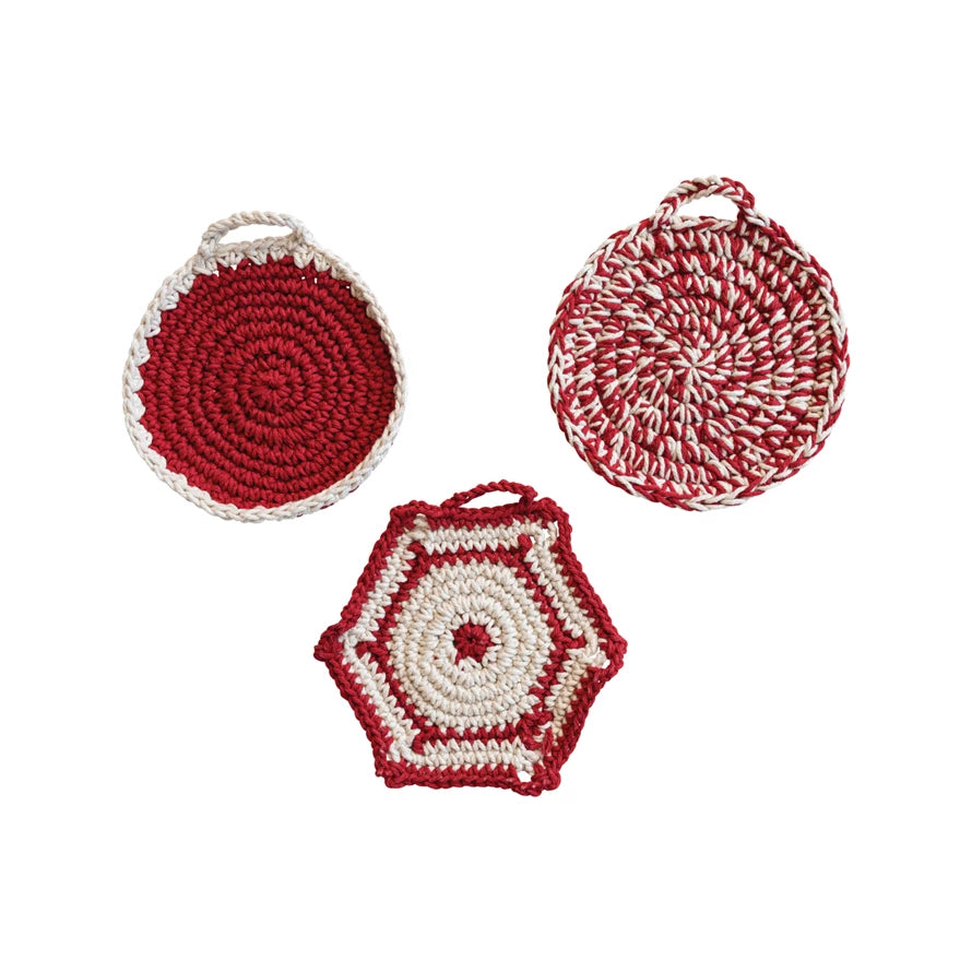 Red + White Cotton Crocheted Pot Holder