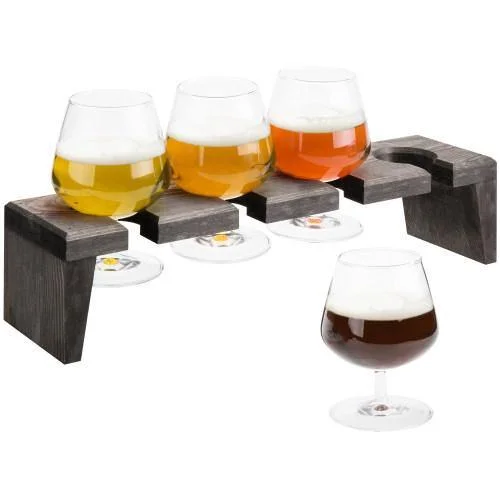 Rustic Gray Wood Beer and Liquor Flight Set w/ Snifter Glasses