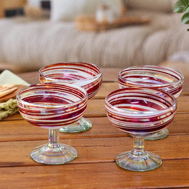 Set of 4 Eco-Friendly Red Handblown Coupe Glasses - Tropical Swirl