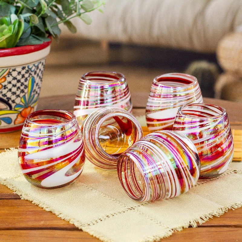 Set of 6 Eco-Friendly Red Handblown Stemless Wine Glasses - Tropical Swirl