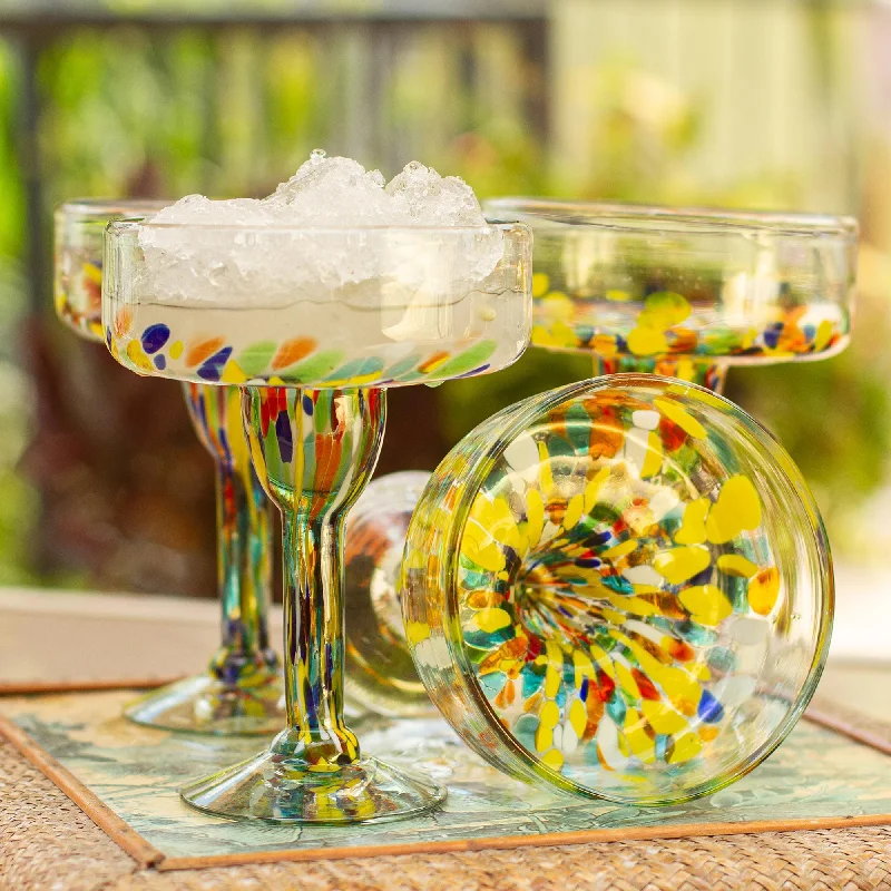 Set of 6 Multicolor Hand Blown Glass Margarita Glasses - Confetti Festival